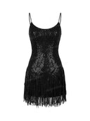 Sexy Sequin Fringe Trim Cowl Neck Mini Dress