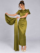Elegant Satin Ruched Short Sleeve Maxi Dress