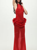 Sexy Floral Applique Draped Waist Sheer Maxi Dress