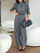 Minimalist Draped High Neck Top & Tailored Straight Leg Pants Set