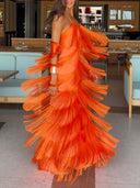 Elegant One-Shoulder Backless Tiered Fringe Maxi Dress