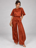 Elegant Satin Flutter Sleeve Top & Wide Leg Pants Two Piece Set