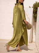 Elegant Satin Choker Neck Batwing Sleeve Kaftan Maxi Dress