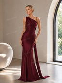 Elegant Satin Asymmetric One Shoulder Maxi Dress