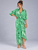 Casual Paisley Satin Shirt & Twist Wrap Skirt Set
