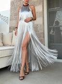 Elegant Silver Fringe Halter Maxi Dress