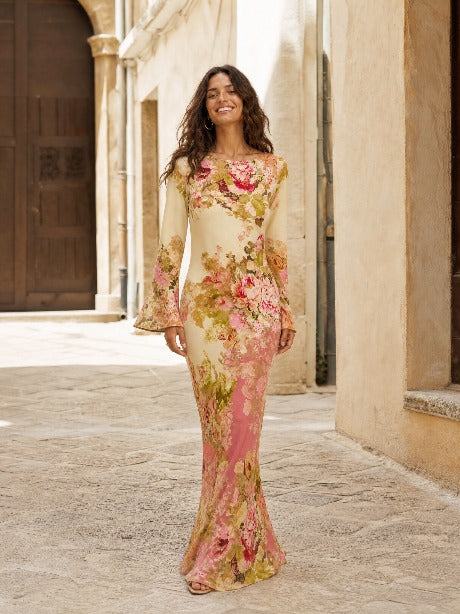 Elegant Floral Print Satin Maxi Dress