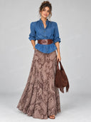 Boho Ruffle Neck Denim Top & Paisley Maxi Skirt Set