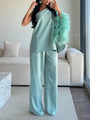 One Shoulder Feather Trim Top & Wide Leg Pants Set