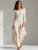 Elegant Off-Shoulder Knit Top & Draped Harem Pants Set