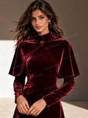 Elegant Velvet Cape Sleeve Mermaid Midi Dress