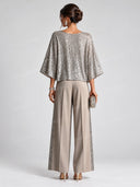 Sequin Draped Top & Wide Leg Pants Two Piece Set