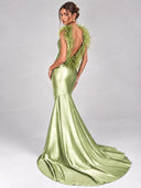Elegant Feather Trim Mermaid Evening Maxi Dress
