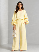Elegant Floral Long-Sleeve Top and Wide-Leg Pants Two-Piece Set