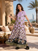Boho Baroque Print Feather Trim Maxi Dress