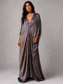 Elegant Deep V-Neck Draped Satin Kaftan Maxi Dress