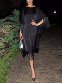 Elegant Fringe Cape Satin Maxi Dress