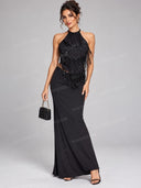 Minimalist Tailored Blazer, Halter Top & Maxi Skirt Three Piece Set