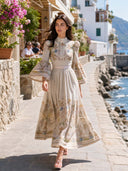 Retro Garden Print Flared Sleeve Midi Dress