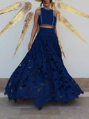 Elegant Floral Lace Cutout Crop Top & Skirt Two-Piece Set