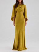 Elegant Cape Sleeve Satin Maxi Dress