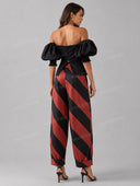 Elegant Puff Sleeve Top & Striped Harem Pants Two-Piece Set