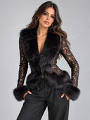 Sexy Faux Fur Trim Lace Long Sleeve Jacket