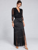 Elegant Sheer Sleeve Bodysuit & Fringe Maxi Skirt Two Piece Set