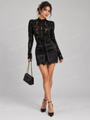 Elegant Lace Top & Lace Up Mini Skirt Two Piece Set