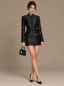 Elegant Mandarin Collar Frog Button Jacket & Mini Skirt Set
