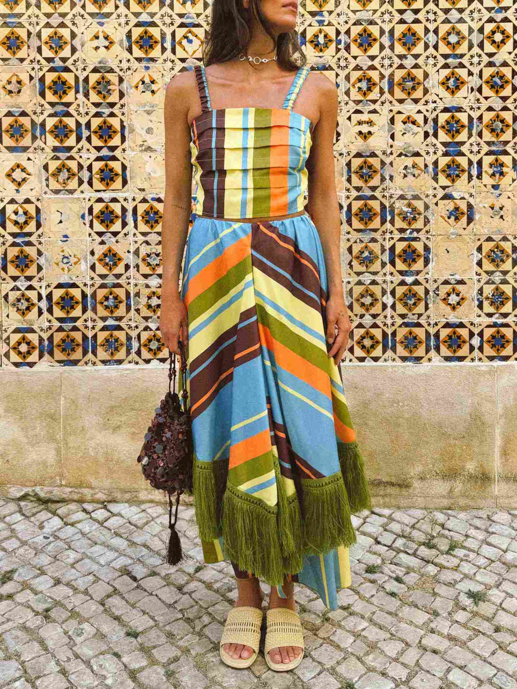 Colorful Striped Crop Top & Fringe Skirt Two-Piece Set