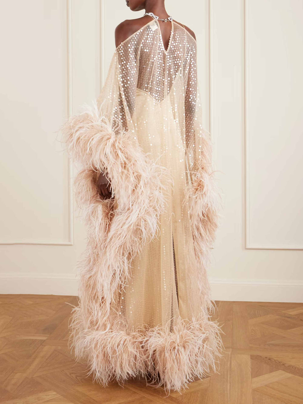 Luxury Sequined Feather Trim Cape Sleeve Maxi Dress