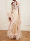 Luxury Sequined Feather Trim Cape Sleeve Maxi Dress