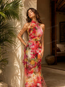 Fashion Floral Chiffon Halter Sleeveless A-Line Maxi Dress