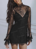Sexy Sheer Lace Long Sleeve Mini Dress