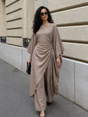 Batwing Sleeve Side Drawstring Tunic Top & Wide‑Leg Pants Two‑Piece Set