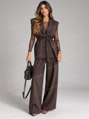 Tailored Blazer Vest Mesh Bodysuit Wide Leg Pants Three Piece Set