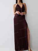 Elegant Halter Fringe High Slit Maxi Dress