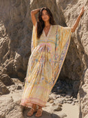 Retro Colorful Floral Print Silk-Feel Kaftan Maxi Dress