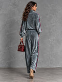 Casual Contrast Trim Velvet Zip Top & Pants Two Piece Set