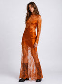 Sexy Lace-Trim Satin Long-Sleeve Maxi Dress