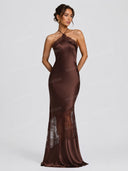 Elegant Lace-Trim Halter Satin Maxi Dress
