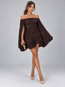 Sexy Off Shoulder Ruched Balloon Sleeve Mini Dress