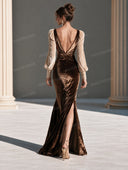 Velvet Contrast Sleeve Ruched High-Slit Maxi Dress
