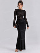 Elegant Lace Long Sleeve Ruched Waist Maxi Dress