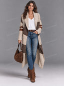 Retro Color Block Longline Open Front Knit Cardigan
