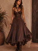 Sexy Lace V-Neck Ruffled Flowy Midi Dress