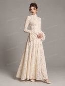 Elegant High Neck Floral Lace Flare Sleeve Maxi Dress