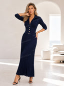 Elegant Button-Front Lapel Knit Maxi Dress