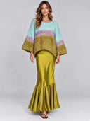 Elegant Color-Block Knit Sweater & Lace Satin Maxi Dress Set